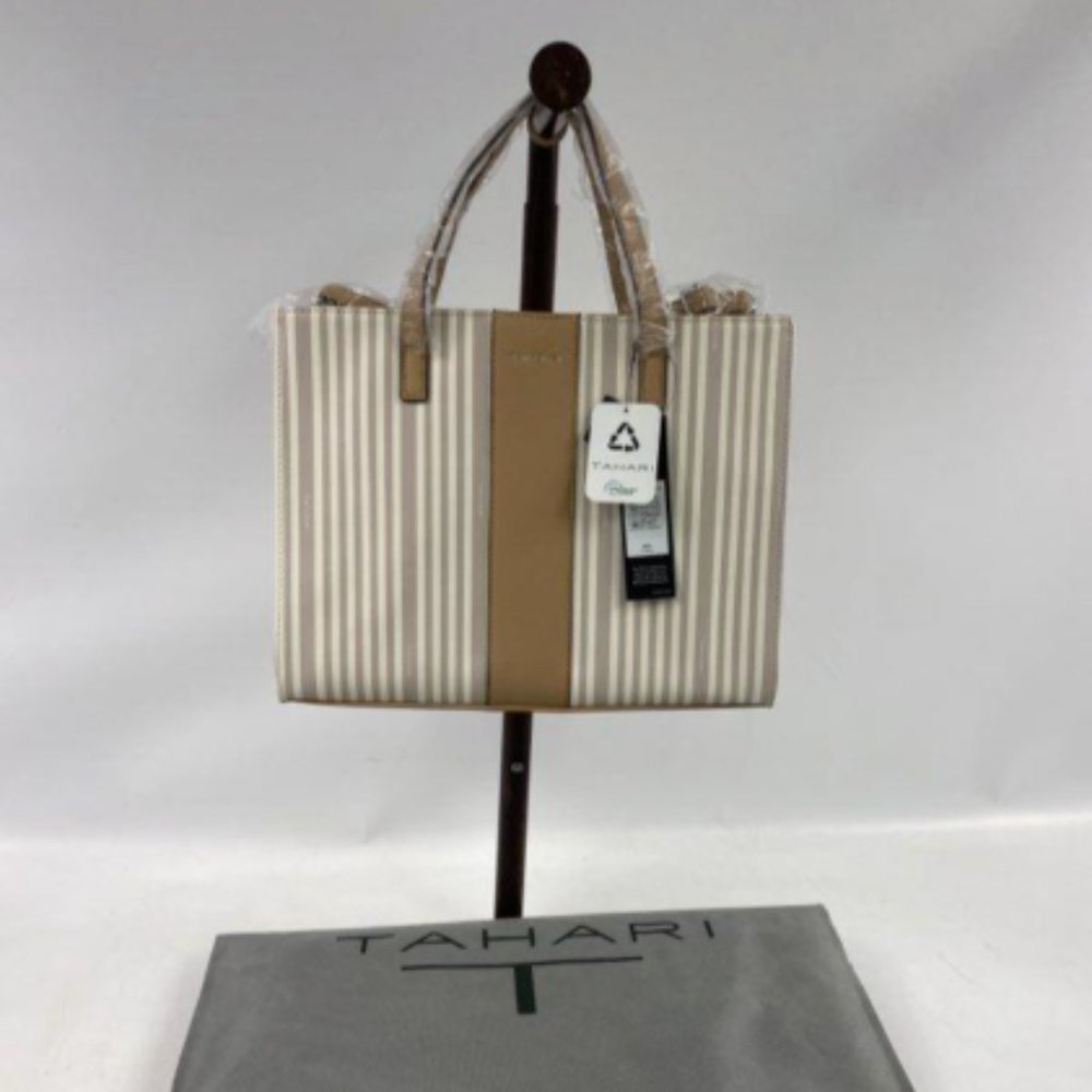 Tahari Womens Sand/Gray Striped Vegan Leather Double Handle Satchel Tote Handbag